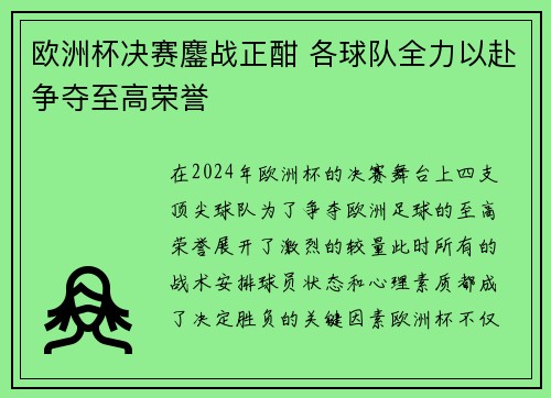 欧洲杯决赛鏖战正酣 各球队全力以赴争夺至高荣誉