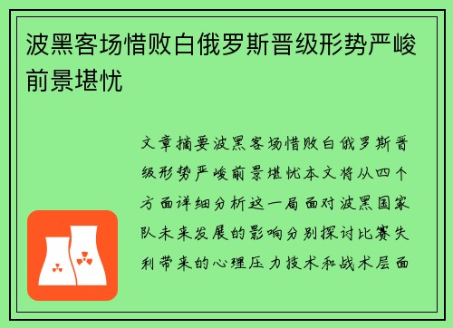 波黑客场惜败白俄罗斯晋级形势严峻前景堪忧