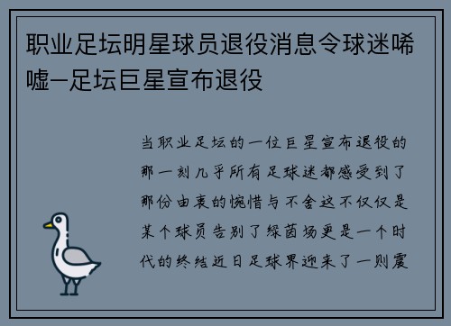 职业足坛明星球员退役消息令球迷唏嘘–足坛巨星宣布退役