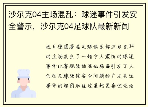 沙尔克04主场混乱：球迷事件引发安全警示，沙尔克04足球队最新新闻