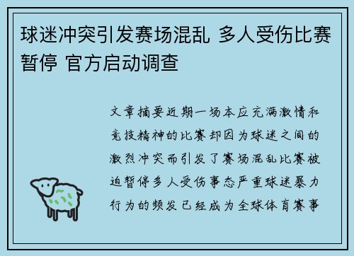 球迷冲突引发赛场混乱 多人受伤比赛暂停 官方启动调查