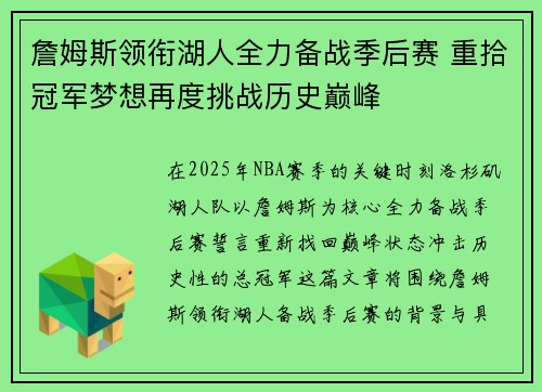 詹姆斯领衔湖人全力备战季后赛 重拾冠军梦想再度挑战历史巅峰