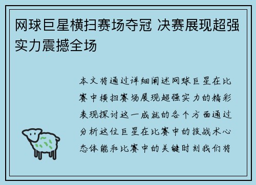 网球巨星横扫赛场夺冠 决赛展现超强实力震撼全场